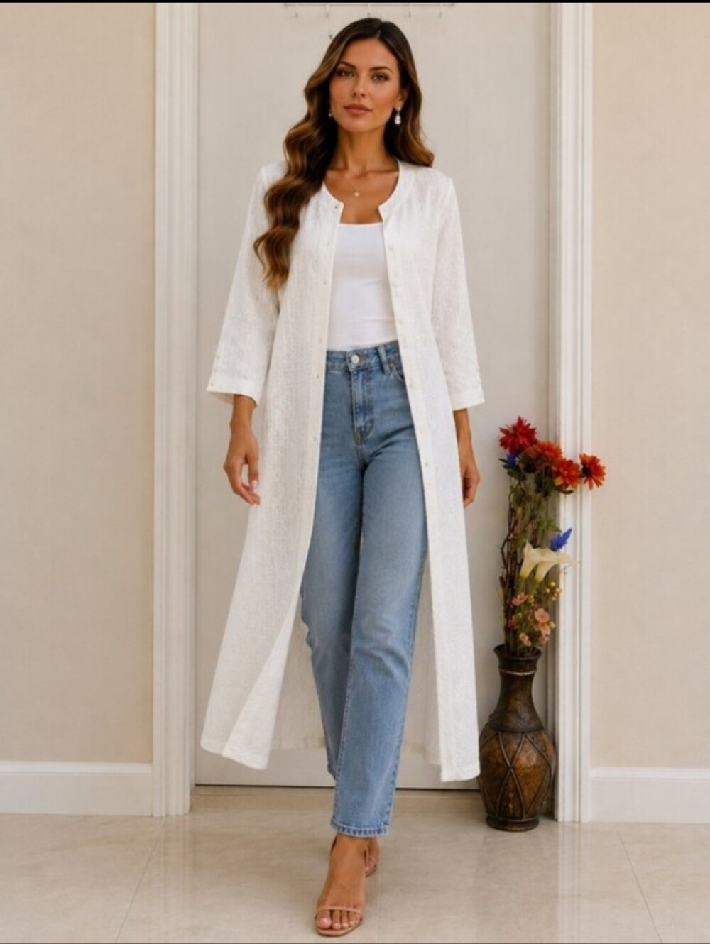 Y2K Handcrafted White Textured Cotton Duster Coat Satin Trim Longline
